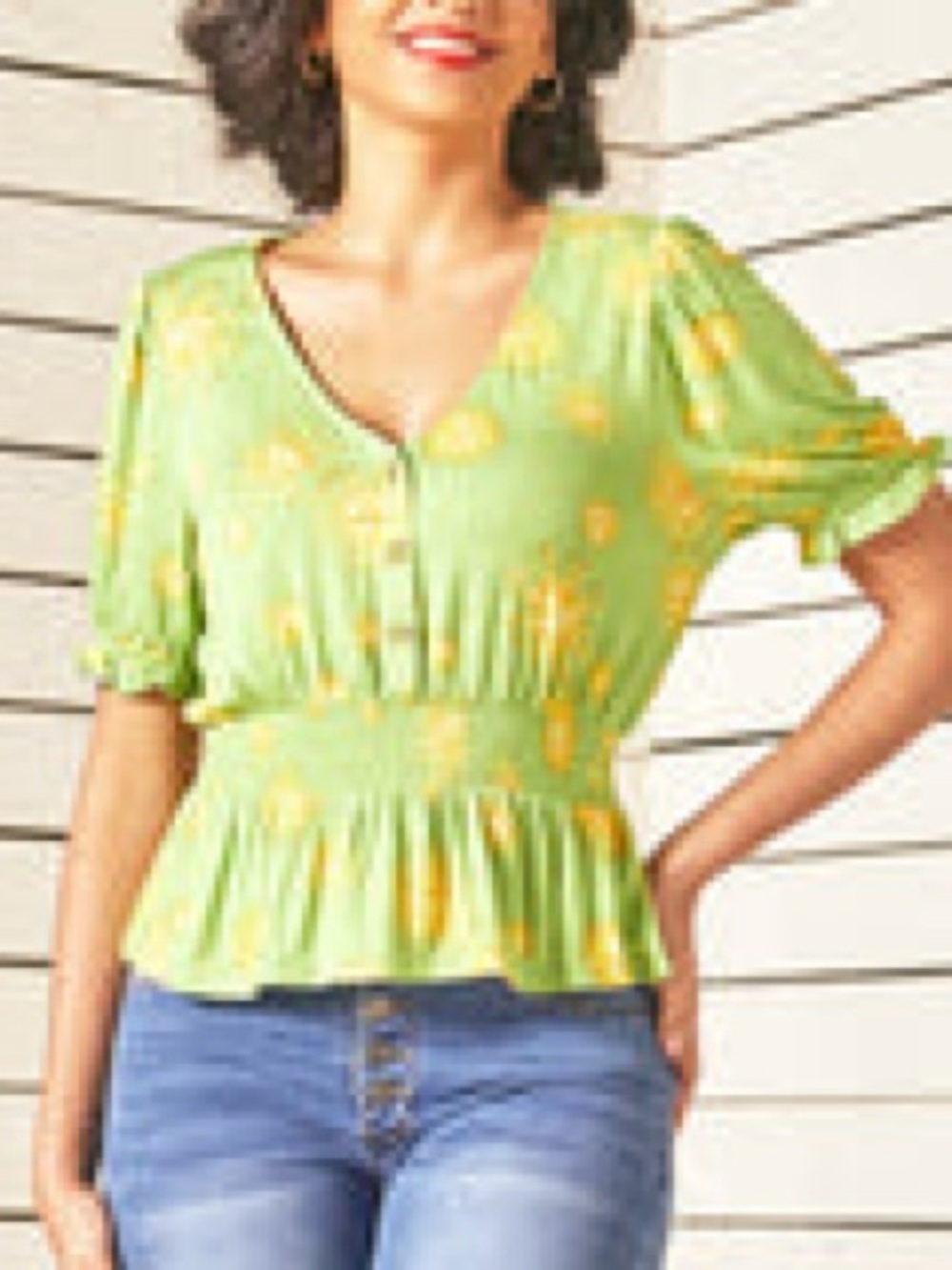 ModCloth An Affinity For Fun Blouse Lime Quirky Sun Pattern